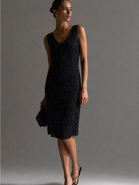 JMD New York Black Beaded Silk Dress Petite Large Evening Cocktail